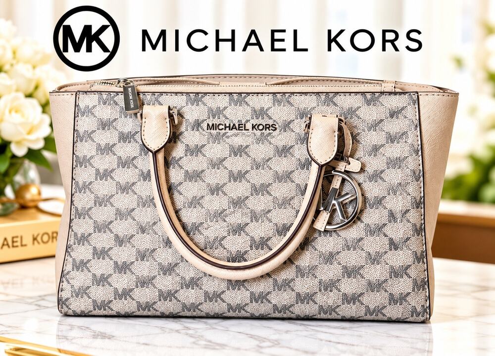 Michael Kors Jet Set Signature MK Logo Tote Bag Vanilla Beige Silver Hardware
